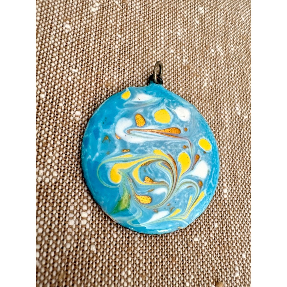 Vintage MCM Enamel on Copper Abstract Pendant Cerulean Blue Swirl Necklace
